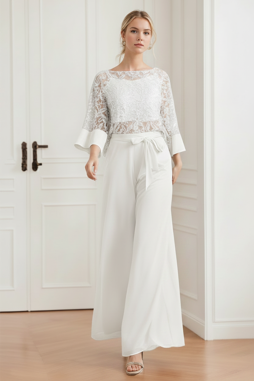 2-Pieces Chiffon Scoop Mother of the Bride Pantsuits with Lace Appliques & Sequins