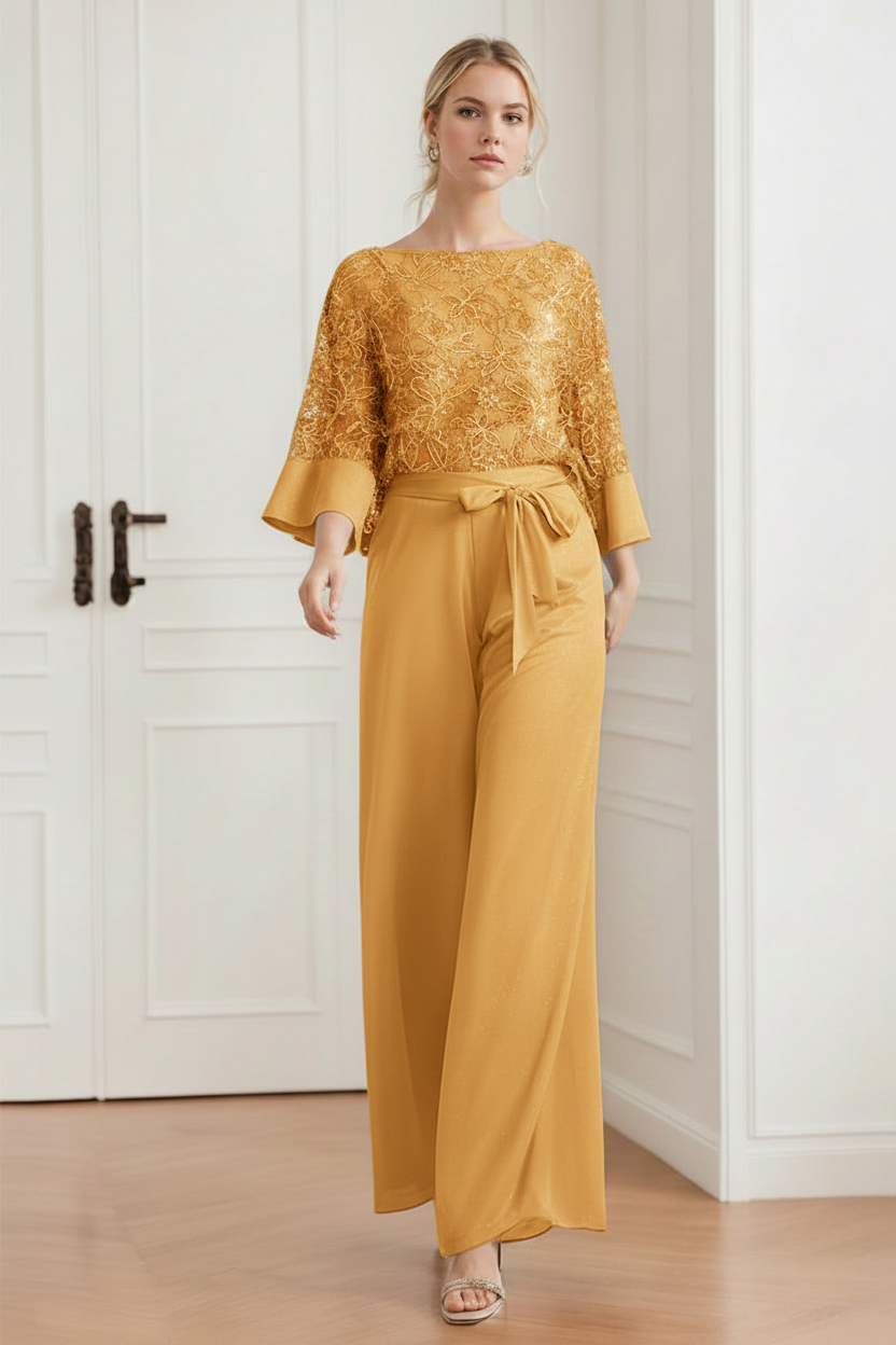 2-Pieces Chiffon Scoop Mother of the Bride Pantsuits with Lace Appliques & Sequins