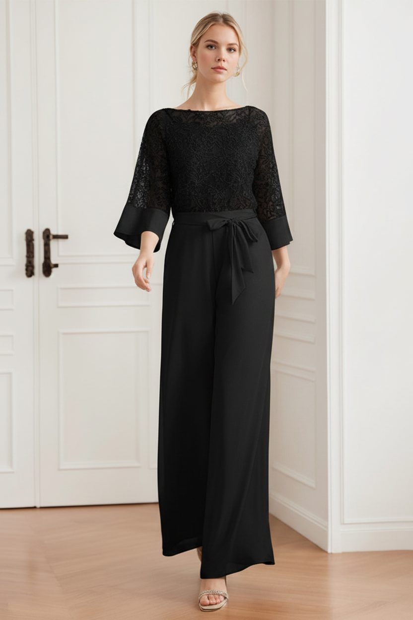 2-Pieces Chiffon Scoop Mother of the Bride Pantsuits with Lace Appliques & Sequins