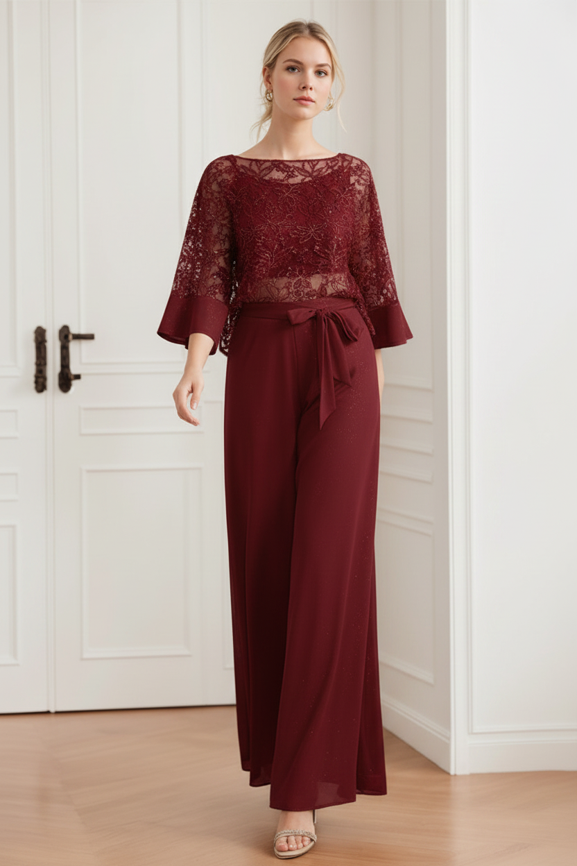 2-Pieces Chiffon Scoop Mother of the Bride Pantsuits with Lace Appliques & Sequins