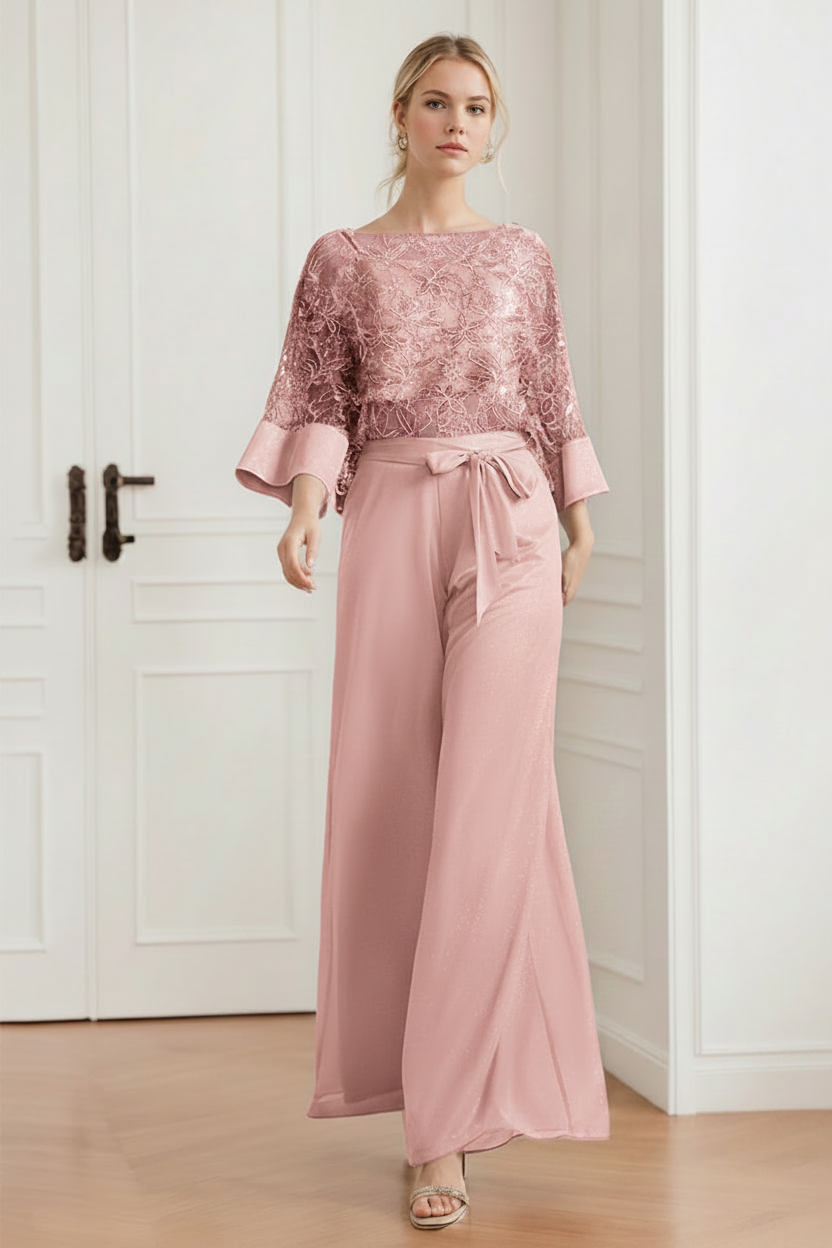 2-Pieces Chiffon Scoop Mother of the Bride Pantsuits with Lace Appliques & Sequins