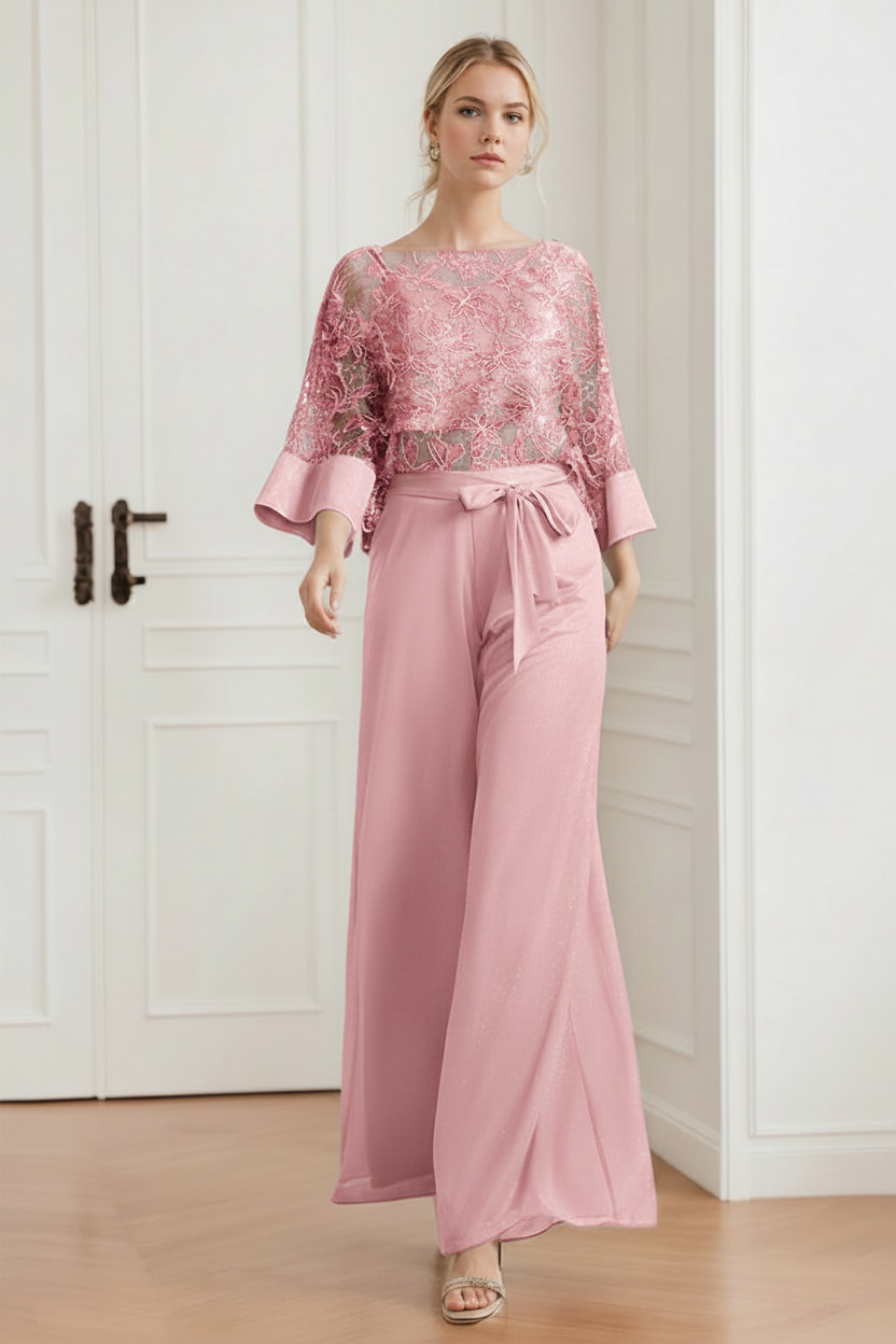 2-Pieces Chiffon Scoop Mother of the Bride Pantsuits with Lace Appliques & Sequins