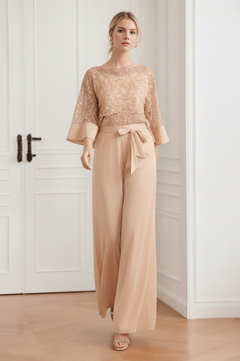 2-Pieces Chiffon Scoop Mother of the Bride Pantsuits with Lace Appliques & Sequins