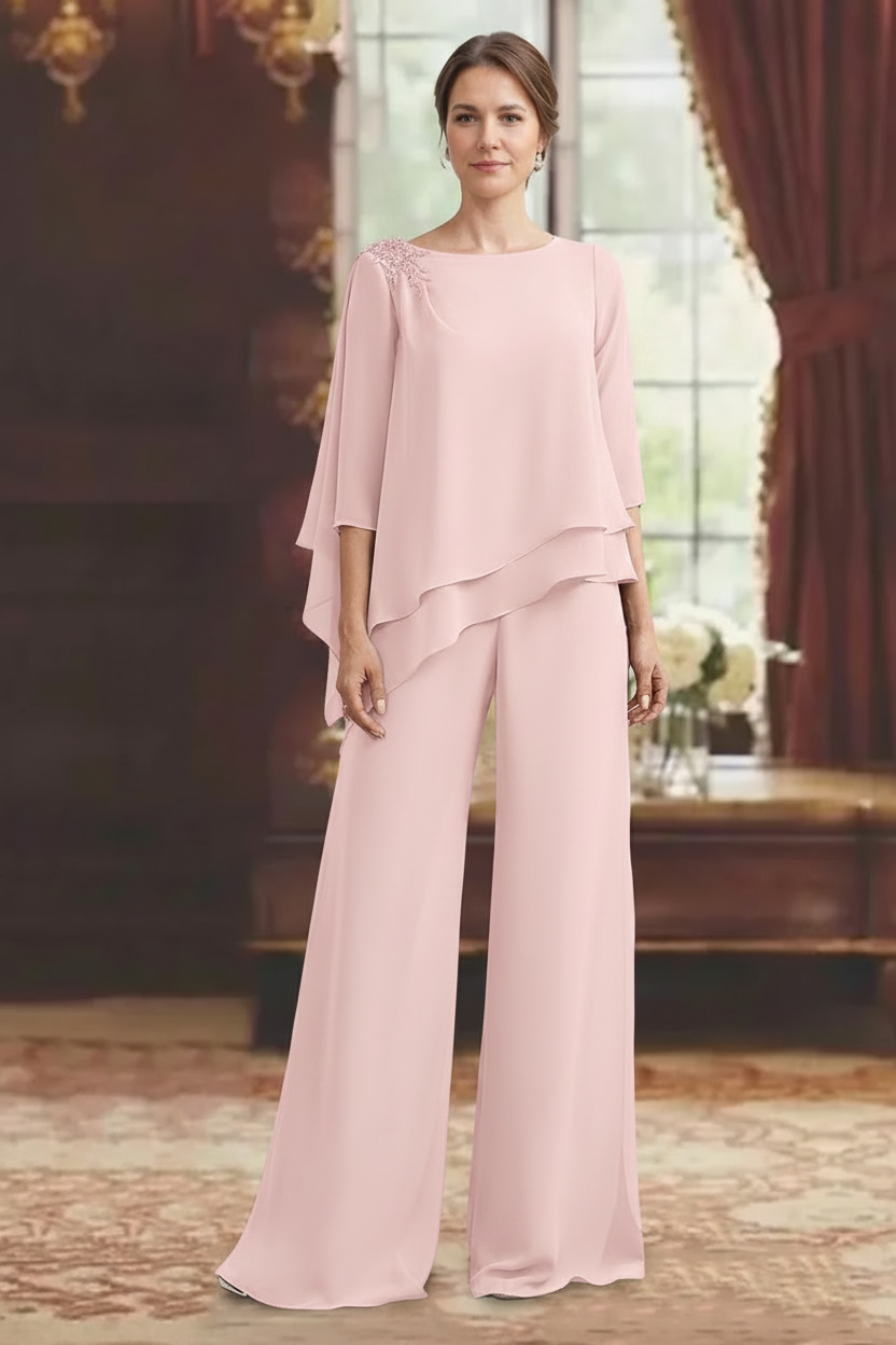 2 Pieces Scoop 3/4 Sleeves Floor-Length Mother of the Bride Pantsuits with Jewel Appliques