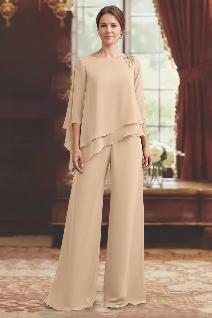 2 Pieces Scoop 3/4 Sleeves Floor-Length Mother of the Bride Pantsuits with Jewel Appliques