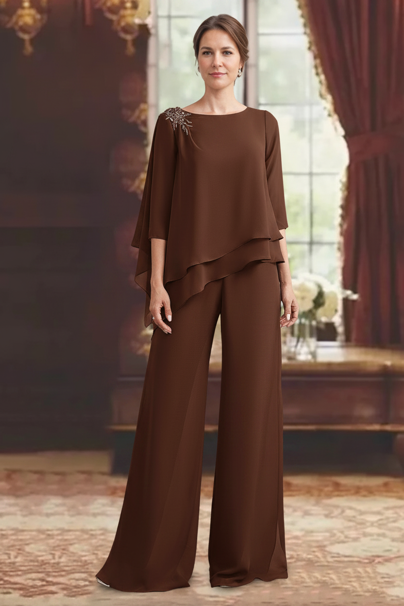 2 Pieces Scoop 3/4 Sleeves Floor-Length Mother of the Bride Pantsuits with Jewel Appliques