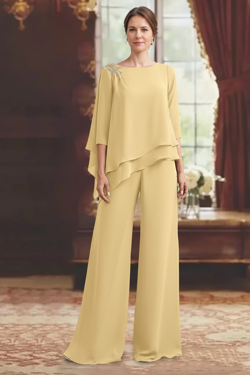 2 Pieces Scoop 3/4 Sleeves Floor-Length Mother of the Bride Pantsuits with Jewel Appliques