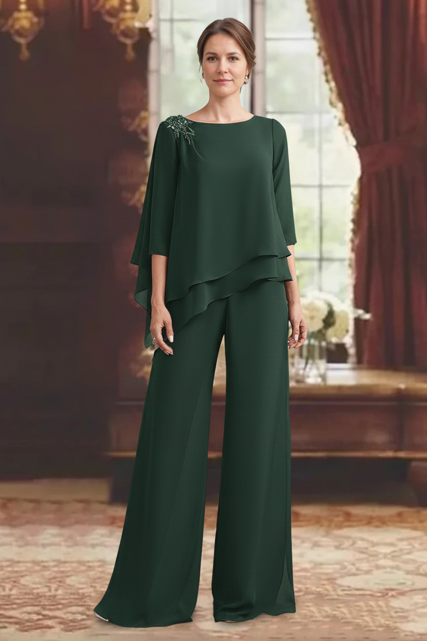 2 Pieces Scoop 3/4 Sleeves Floor-Length Mother of the Bride Pantsuits with Jewel Appliques