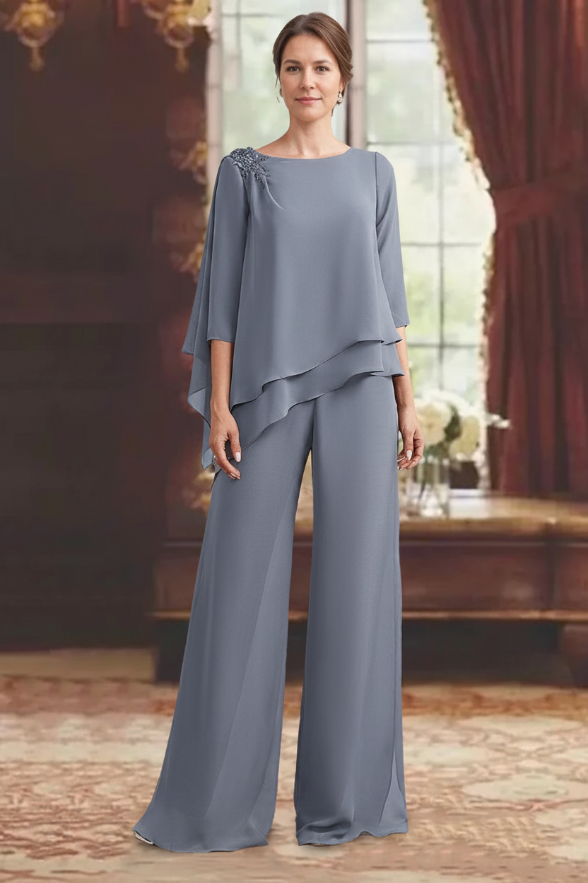 2 Pieces Scoop 3/4 Sleeves Floor-Length Mother of the Bride Pantsuits with Jewel Appliques