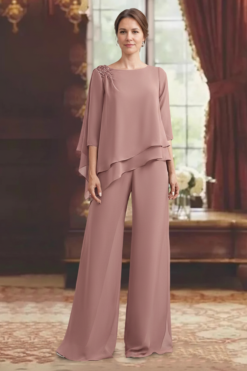 2 Pieces Scoop 3/4 Sleeves Floor-Length Mother of the Bride Pantsuits with Jewel Appliques