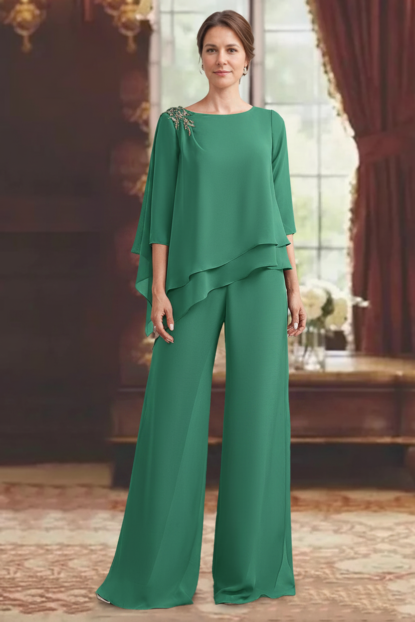 2 Pieces Scoop 3/4 Sleeves Floor-Length Mother of the Bride Pantsuits with Jewel Appliques