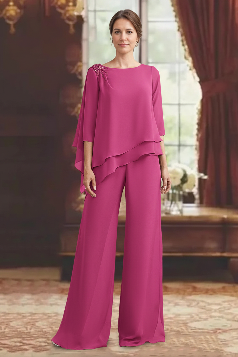 2 Pieces Scoop 3/4 Sleeves Floor-Length Mother of the Bride Pantsuits with Jewel Appliques