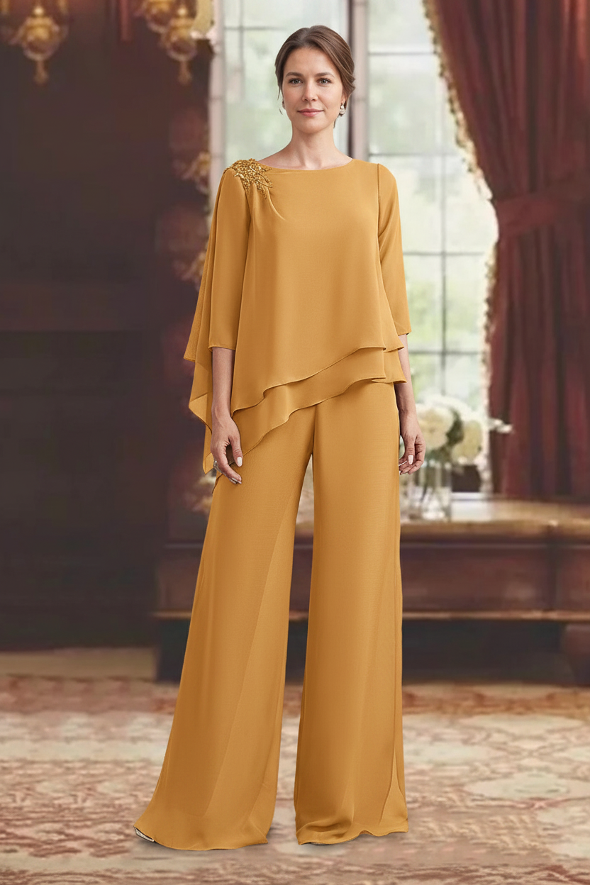 2 Pieces Scoop 3/4 Sleeves Floor-Length Mother of the Bride Pantsuits with Jewel Appliques
