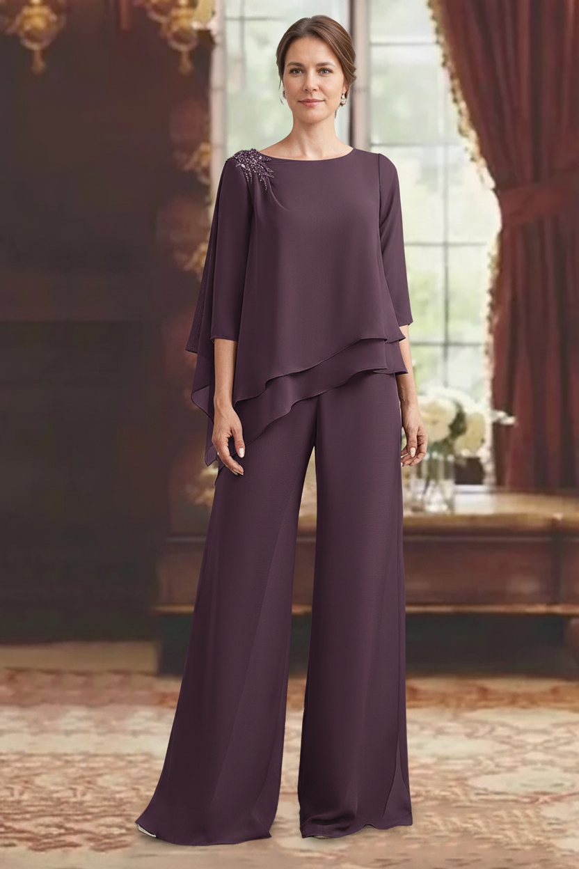 2 Pieces Scoop 3/4 Sleeves Floor-Length Mother of the Bride Pantsuits with Jewel Appliques