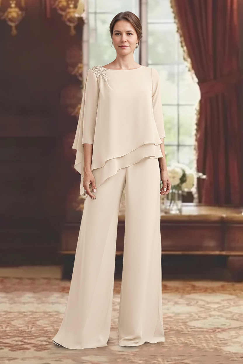 2 Pieces Scoop 3/4 Sleeves Floor-Length Mother of the Bride Pantsuits with Jewel Appliques