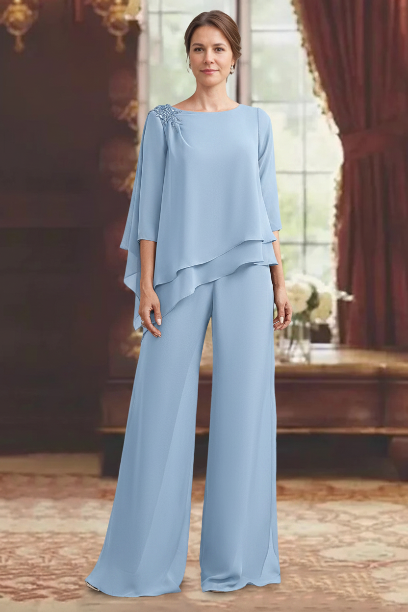 2 Pieces Scoop 3/4 Sleeves Floor-Length Mother of the Bride Pantsuits with Jewel Appliques