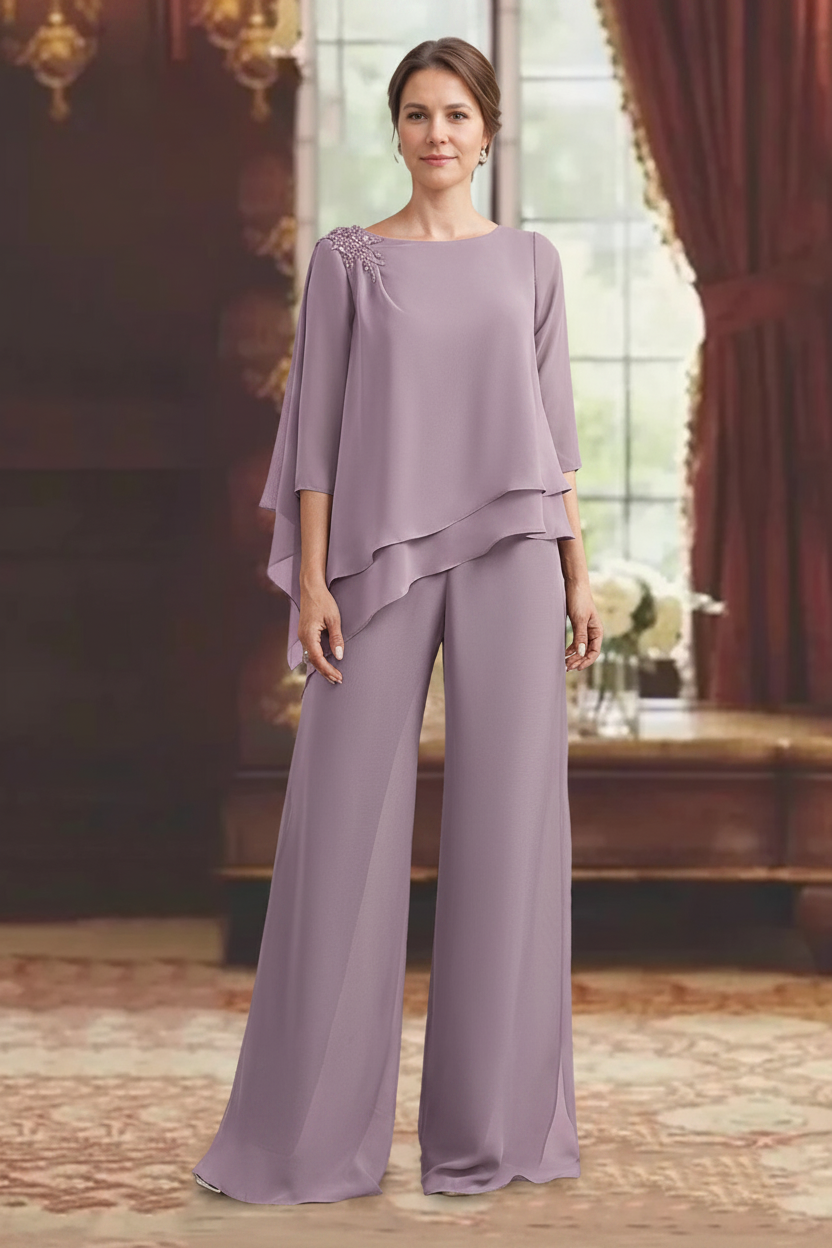 2 Pieces Scoop 3/4 Sleeves Floor-Length Mother of the Bride Pantsuits with Jewel Appliques