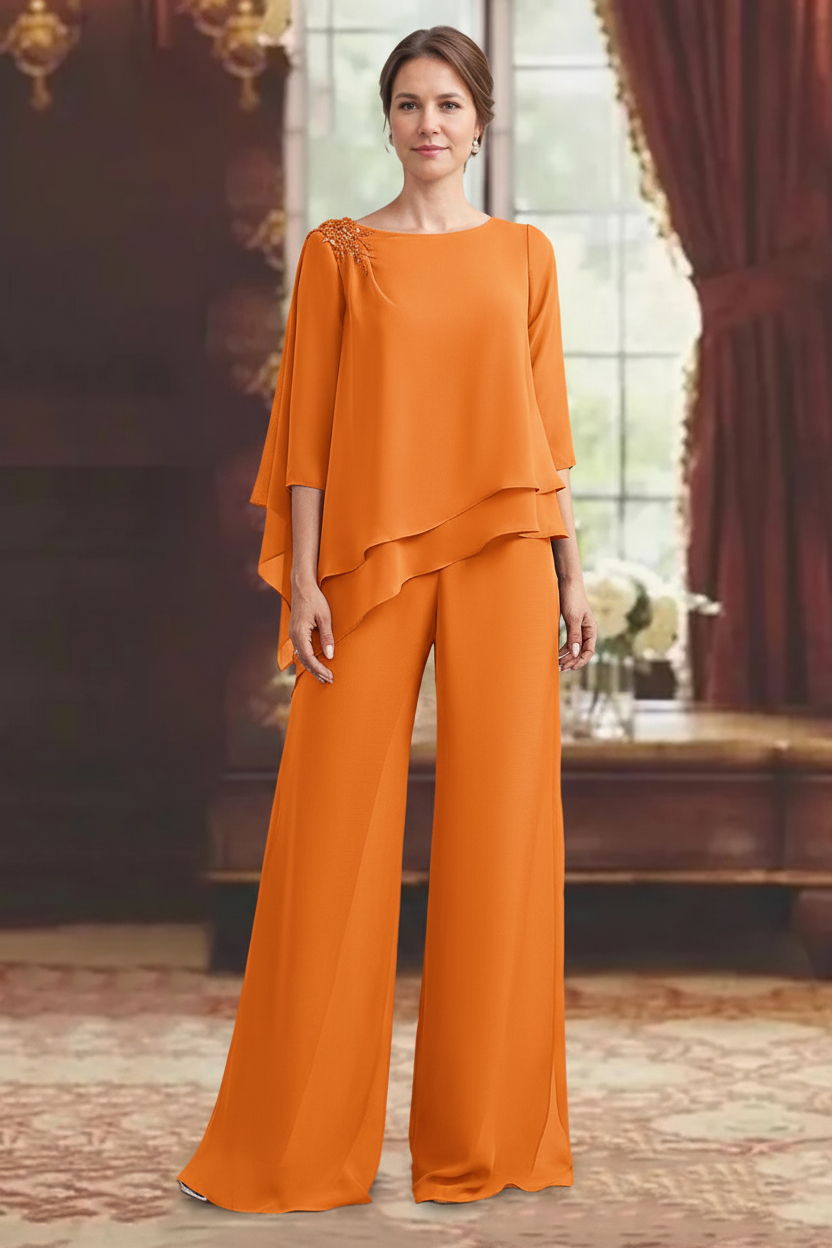 2 Pieces Scoop 3/4 Sleeves Floor-Length Mother of the Bride Pantsuits with Jewel Appliques