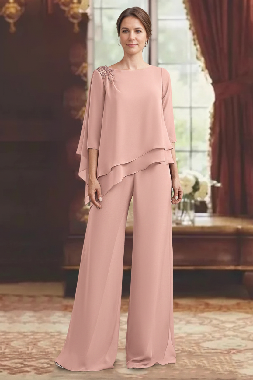 2 Pieces Scoop 3/4 Sleeves Floor-Length Mother of the Bride Pantsuits with Jewel Appliques