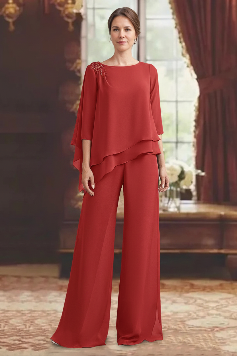 2 Pieces Scoop 3/4 Sleeves Floor-Length Mother of the Bride Pantsuits with Jewel Appliques