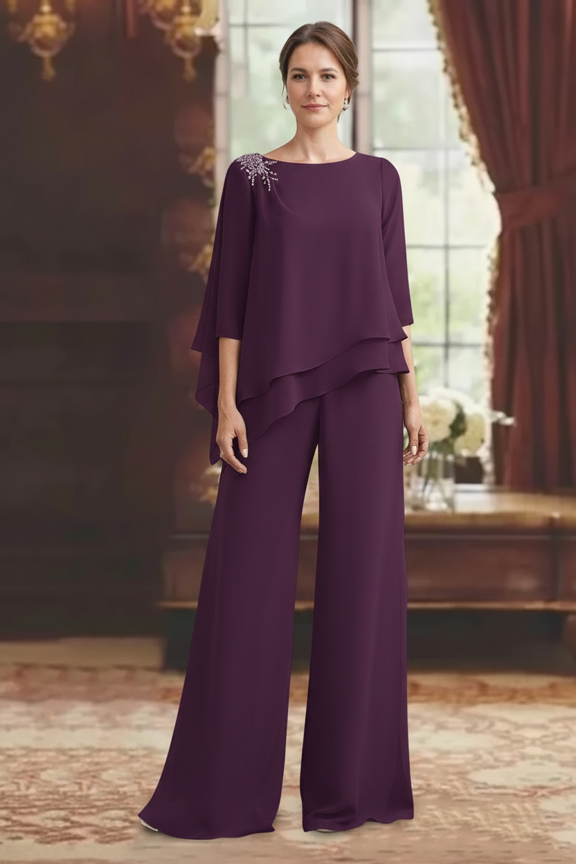 2 Pieces Scoop 3/4 Sleeves Floor-Length Mother of the Bride Pantsuits with Jewel Appliques