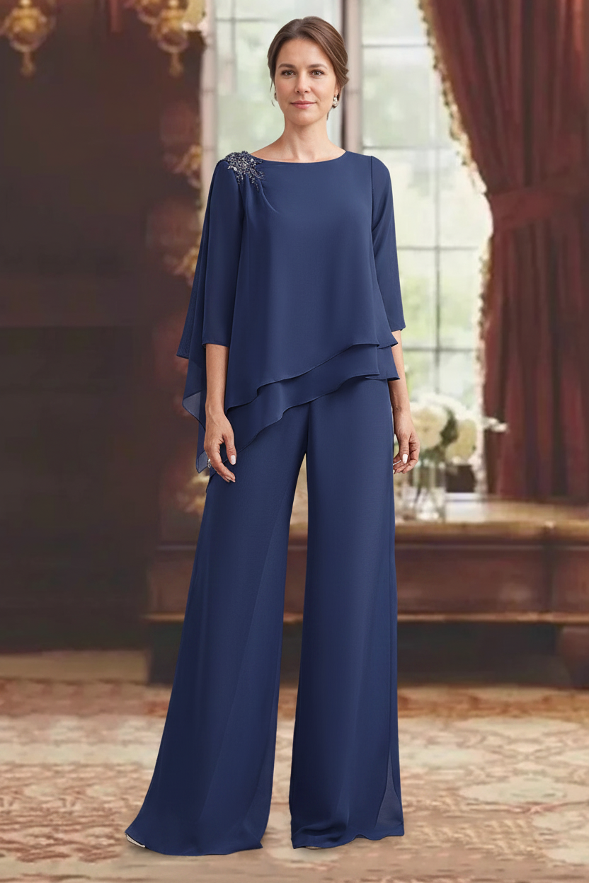 2 Pieces Scoop 3/4 Sleeves Floor-Length Mother of the Bride Pantsuits with Jewel Appliques