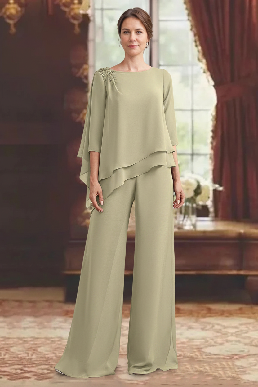 2 Pieces Scoop 3/4 Sleeves Floor-Length Mother of the Bride Pantsuits with Jewel Appliques