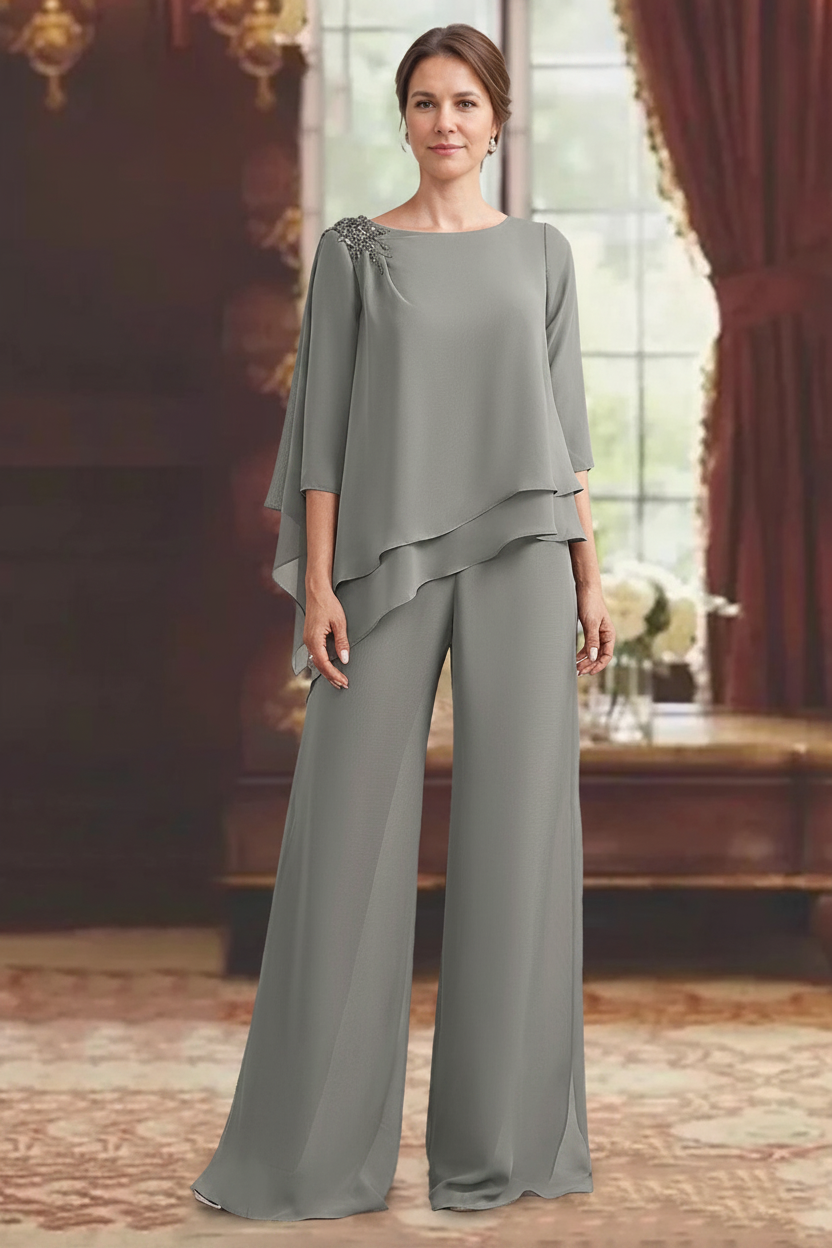 2 Pieces Scoop 3/4 Sleeves Floor-Length Mother of the Bride Pantsuits with Jewel Appliques