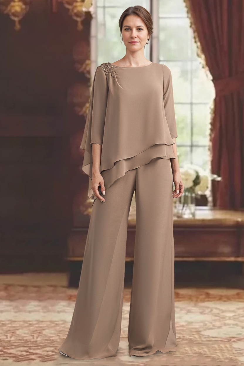 2 Pieces Scoop 3/4 Sleeves Floor-Length Mother of the Bride Pantsuits with Jewel Appliques