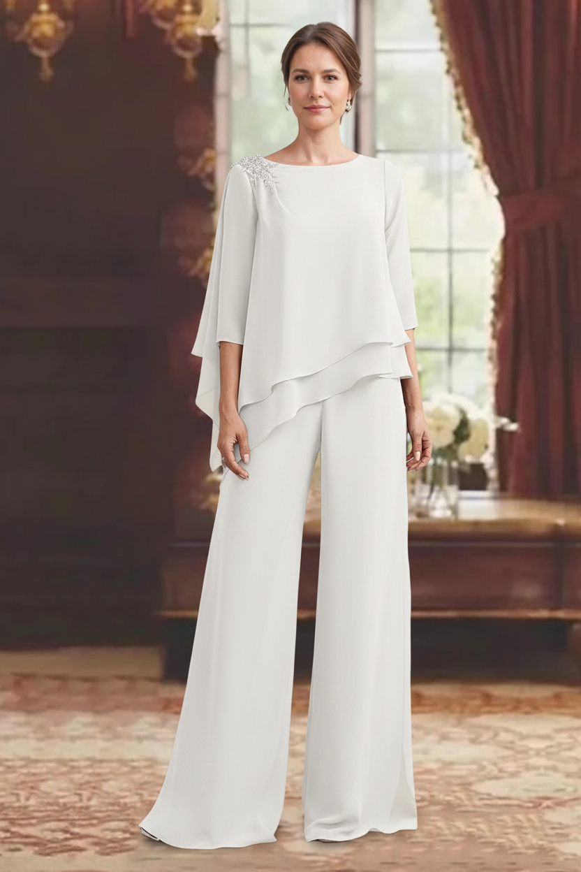 2 Pieces Scoop 3/4 Sleeves Floor-Length Mother of the Bride Pantsuits with Jewel Appliques