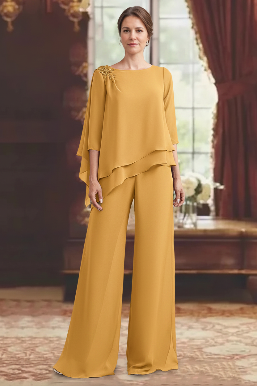 2 Pieces Scoop 3/4 Sleeves Floor-Length Mother of the Bride Pantsuits with Jewel Appliques