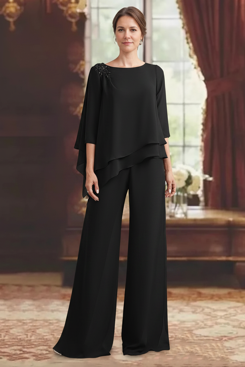 2 Pieces Scoop 3/4 Sleeves Floor-Length Mother of the Bride Pantsuits with Jewel Appliques