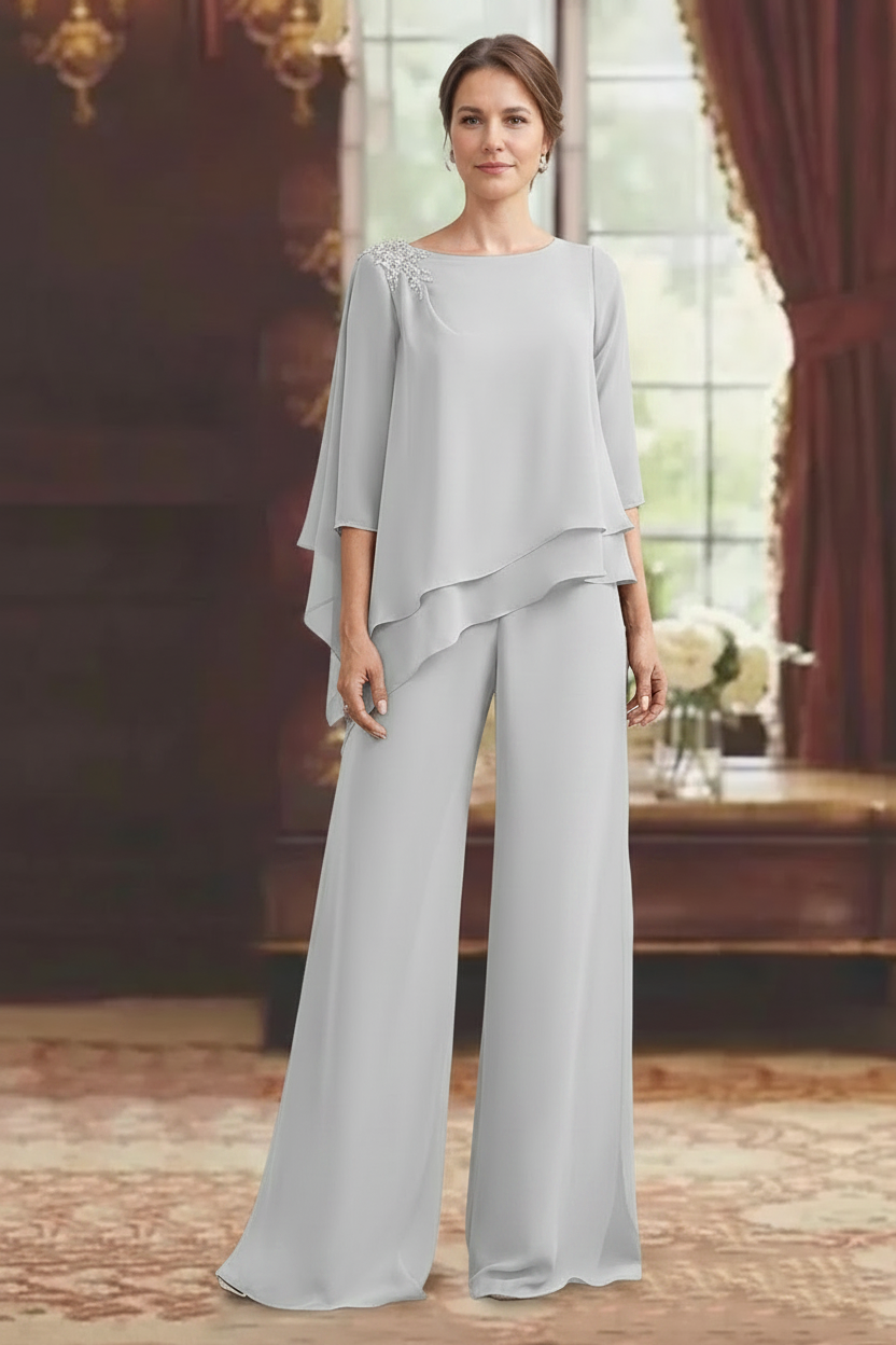 2 Pieces Scoop 3/4 Sleeves Floor-Length Mother of the Bride Pantsuits with Jewel Appliques