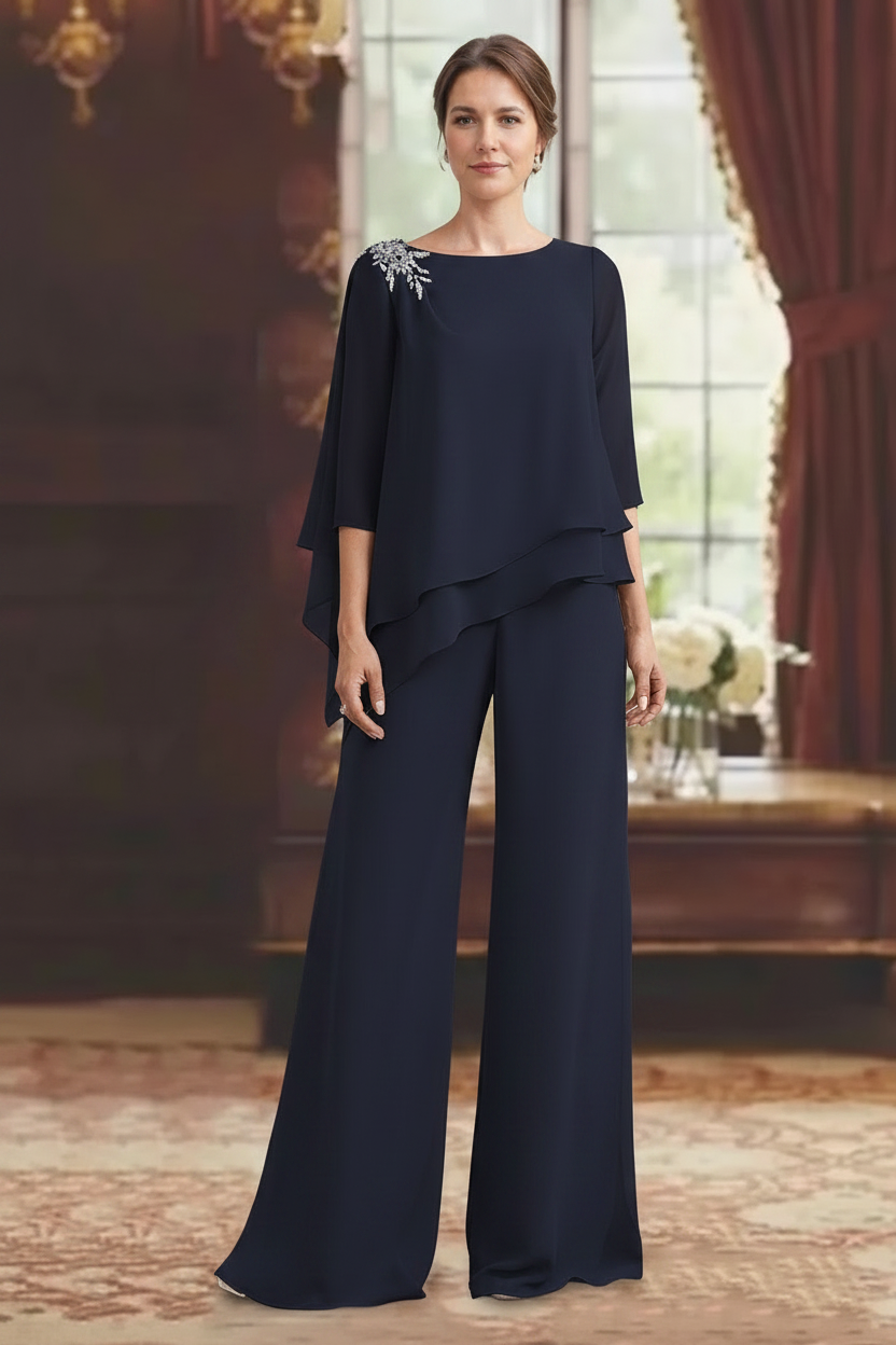 2 Pieces Scoop 3/4 Sleeves Floor-Length Mother of the Bride Pantsuits with Jewel Appliques