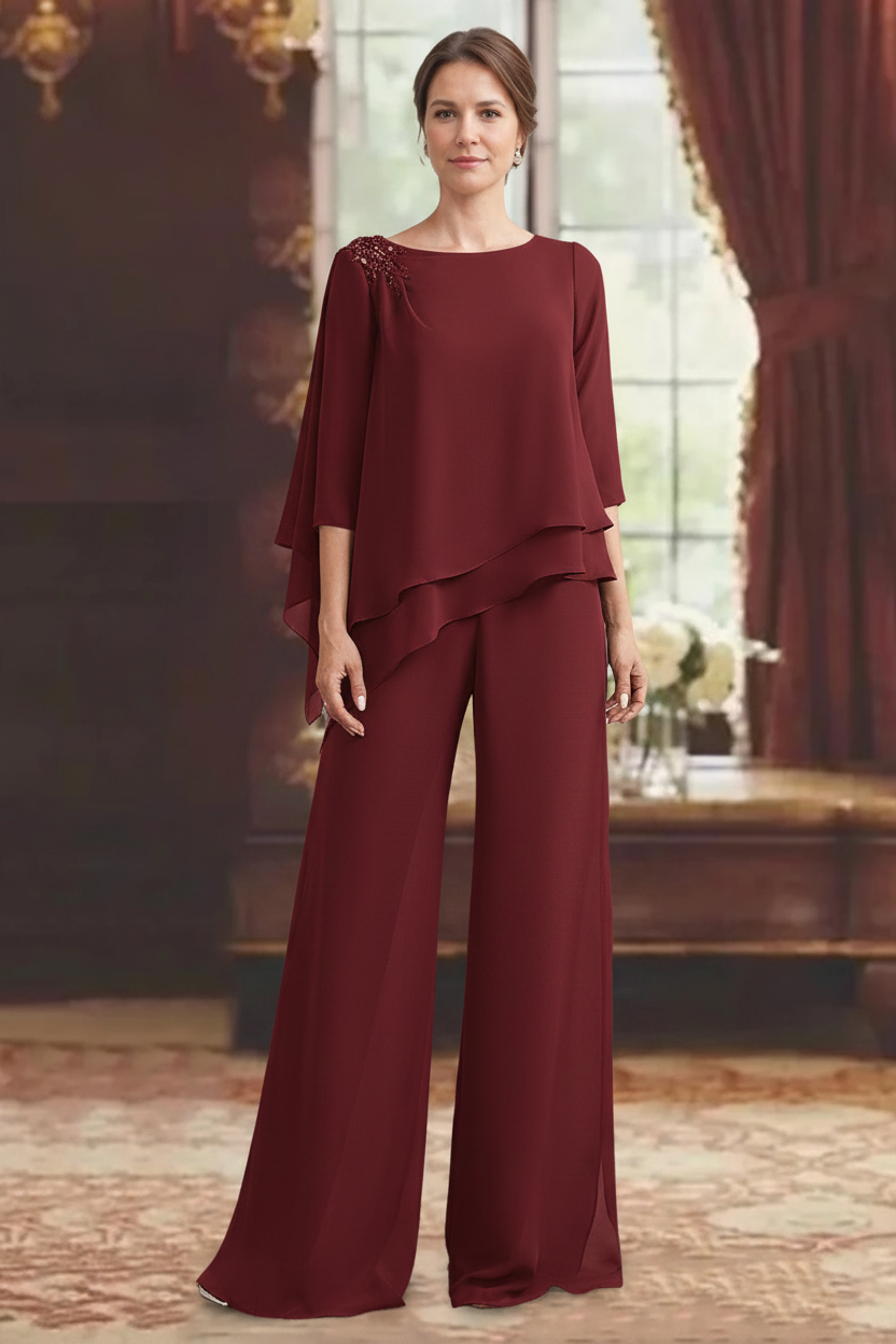 2 Pieces Scoop 3/4 Sleeves Floor-Length Mother of the Bride Pantsuits with Jewel Appliques