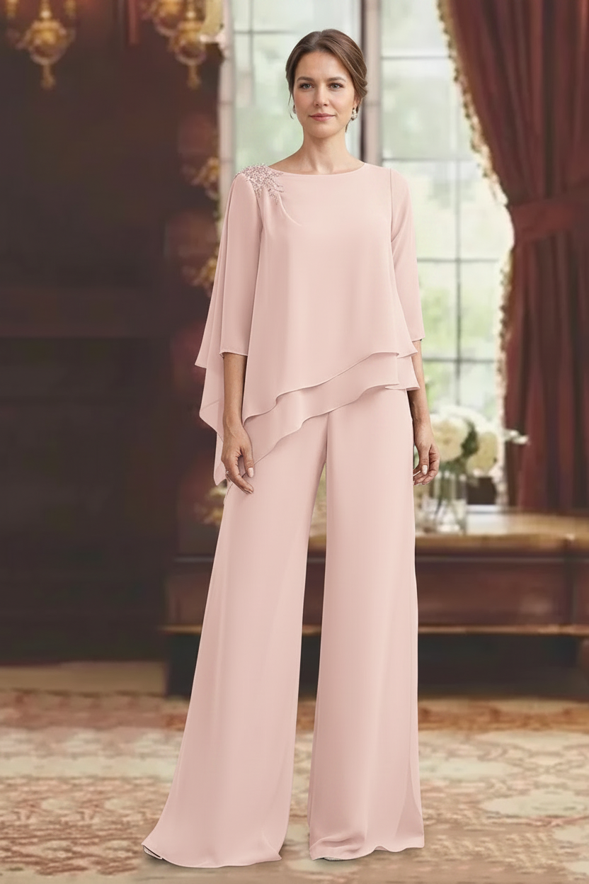 2 Pieces Scoop 3/4 Sleeves Floor-Length Mother of the Bride Pantsuits with Jewel Appliques