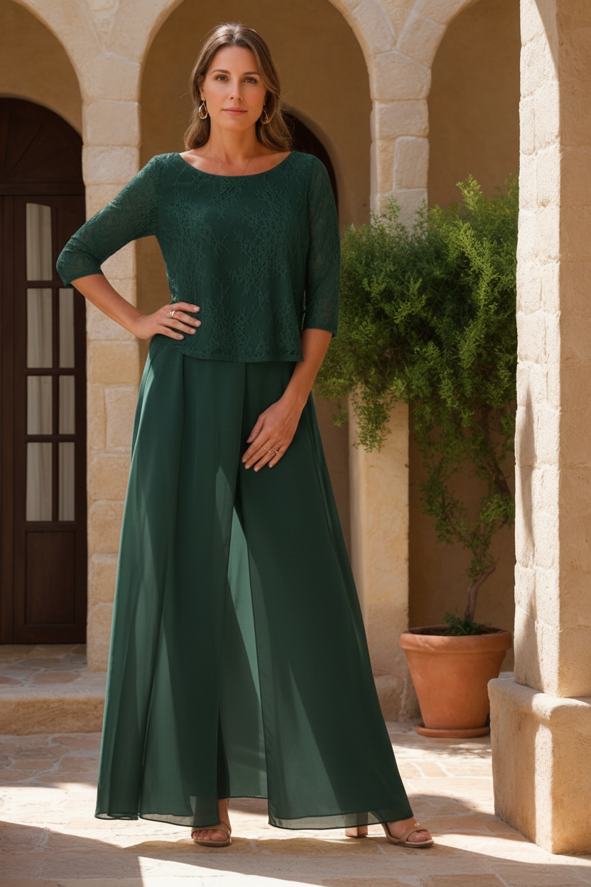 2 Pieces Scoop 3/4 Sleeves Floor-Length Mother of the Bride Pantsuits with Lace Appliques