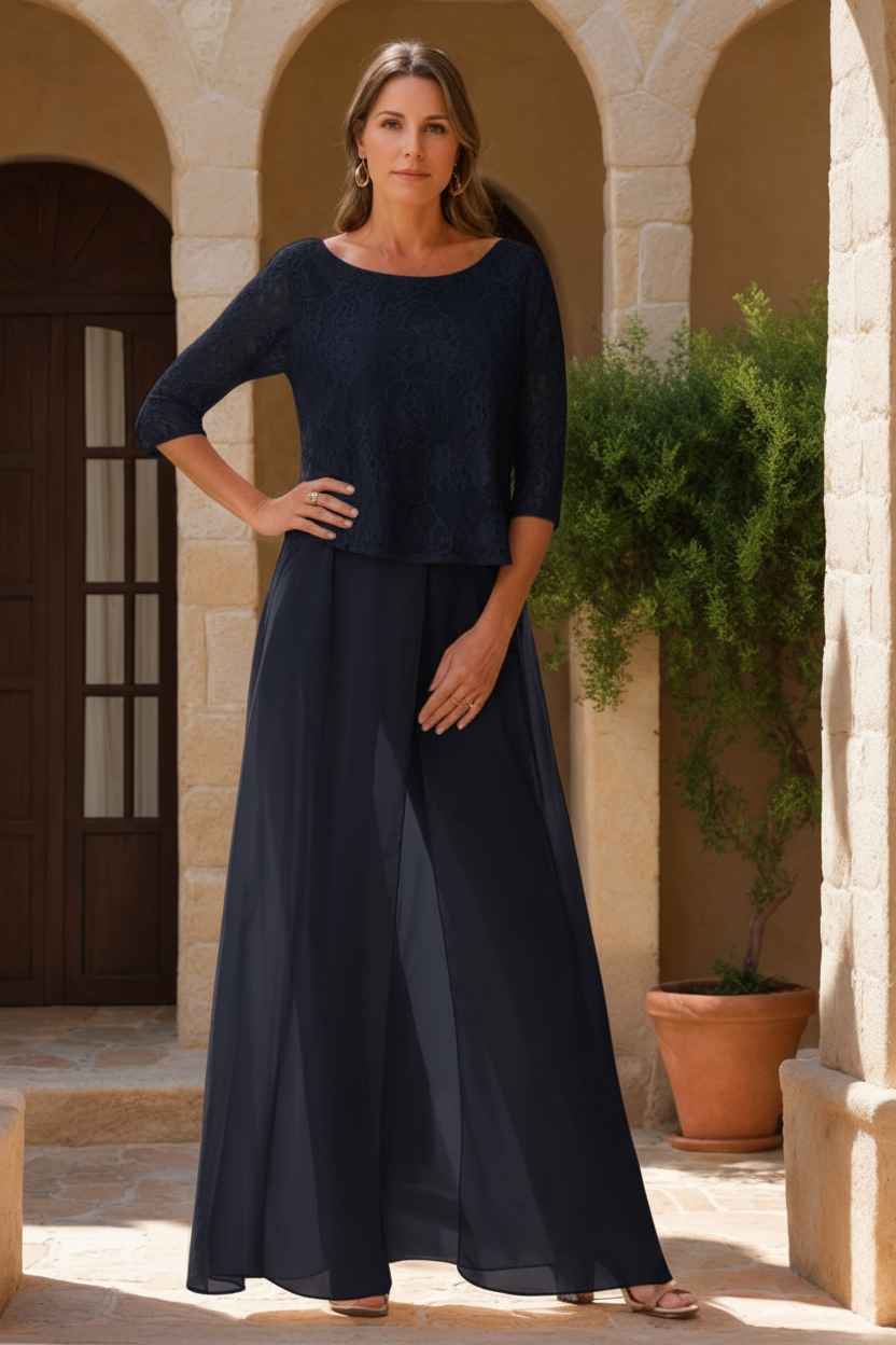 2 Pieces Scoop 3/4 Sleeves Floor-Length Mother of the Bride Pantsuits with Lace Appliques