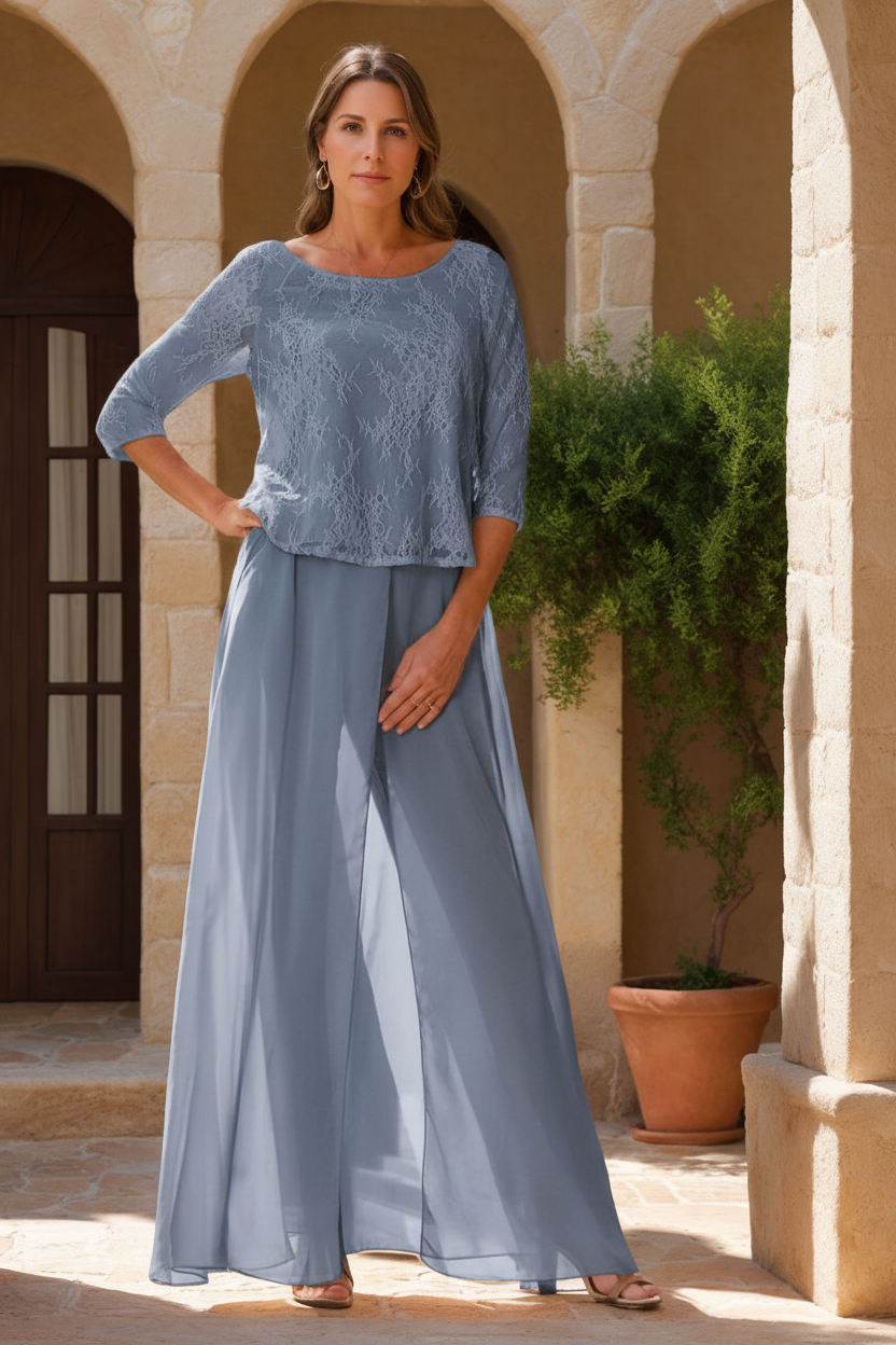 2 Pieces Scoop 3/4 Sleeves Floor-Length Mother of the Bride Pantsuits with Lace Appliques