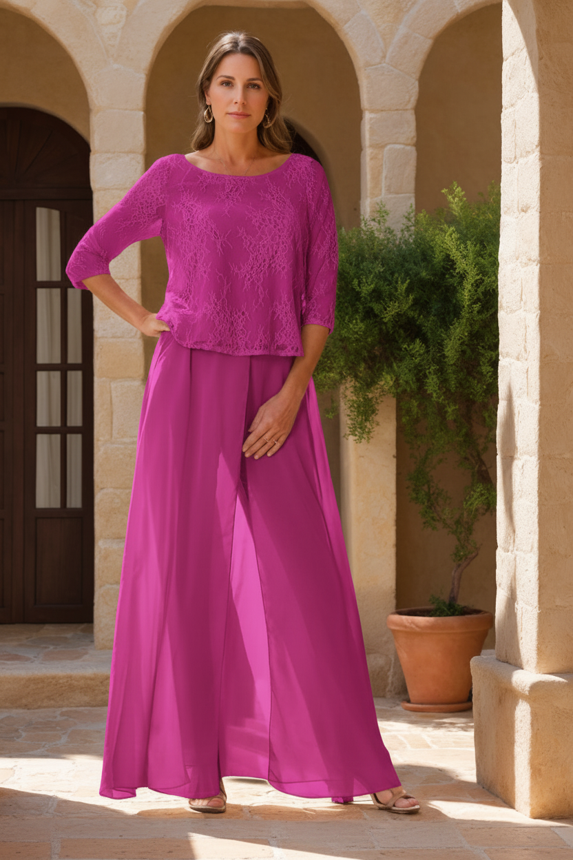 2 Pieces Scoop 3/4 Sleeves Floor-Length Mother of the Bride Pantsuits with Lace Appliques