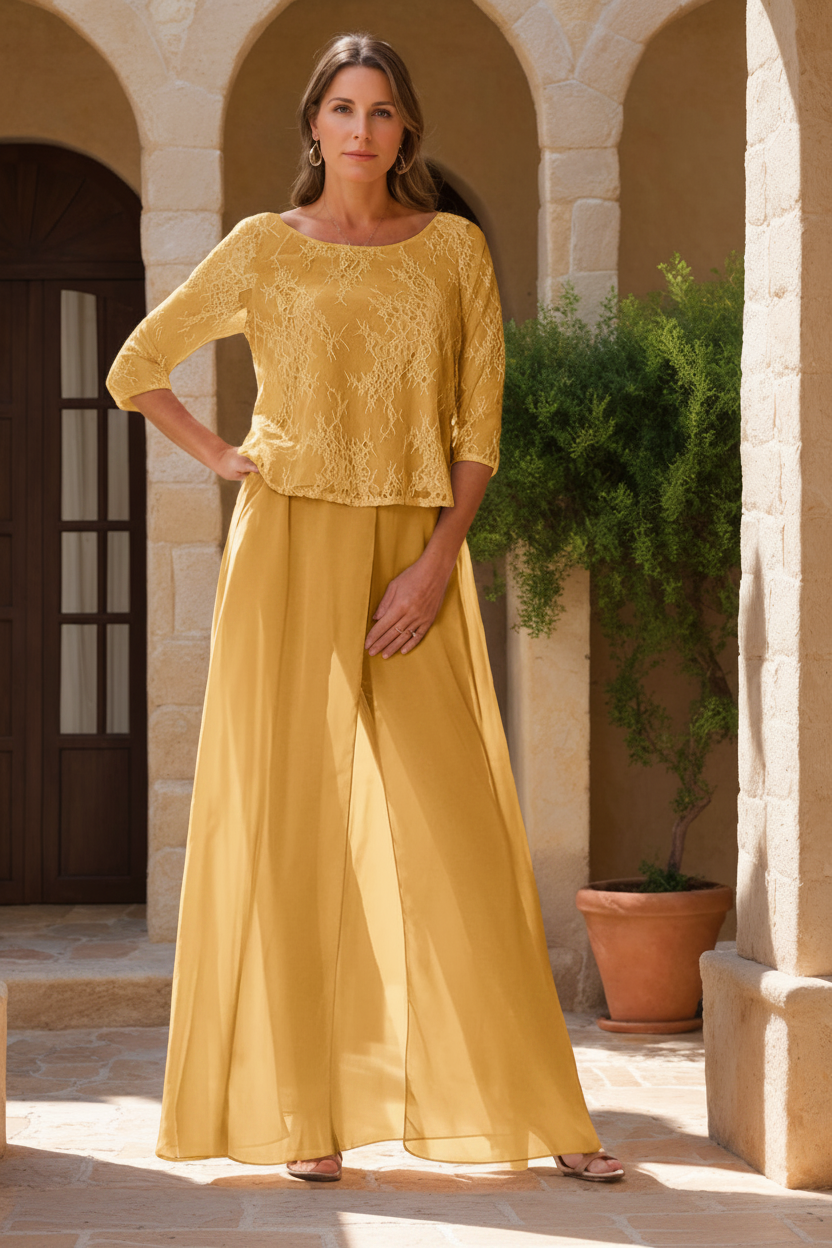 2 Pieces Scoop 3/4 Sleeves Floor-Length Mother of the Bride Pantsuits with Lace Appliques