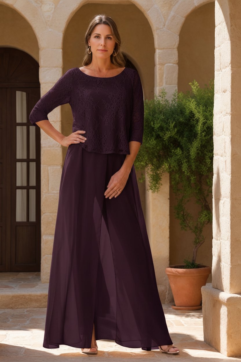 2 Pieces Scoop 3/4 Sleeves Floor-Length Mother of the Bride Pantsuits with Lace Appliques