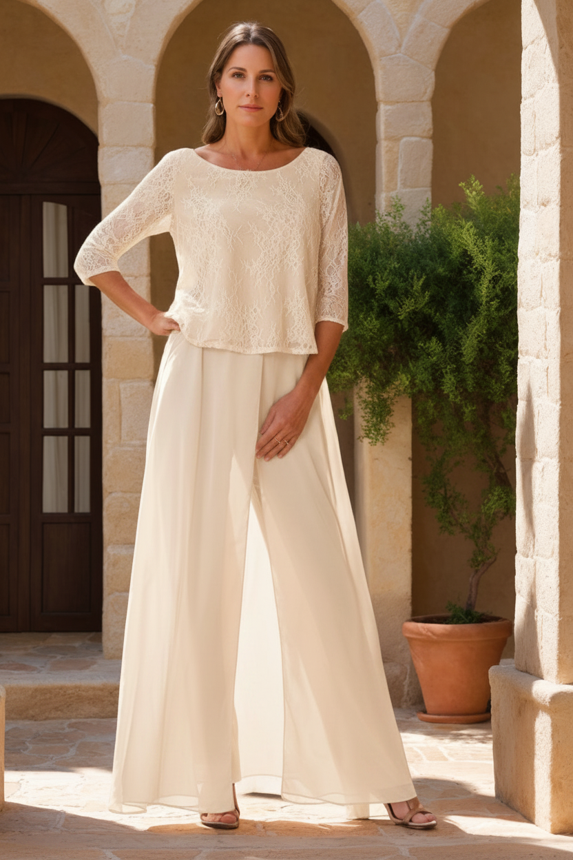 2 Pieces Scoop 3/4 Sleeves Floor-Length Mother of the Bride Pantsuits with Lace Appliques