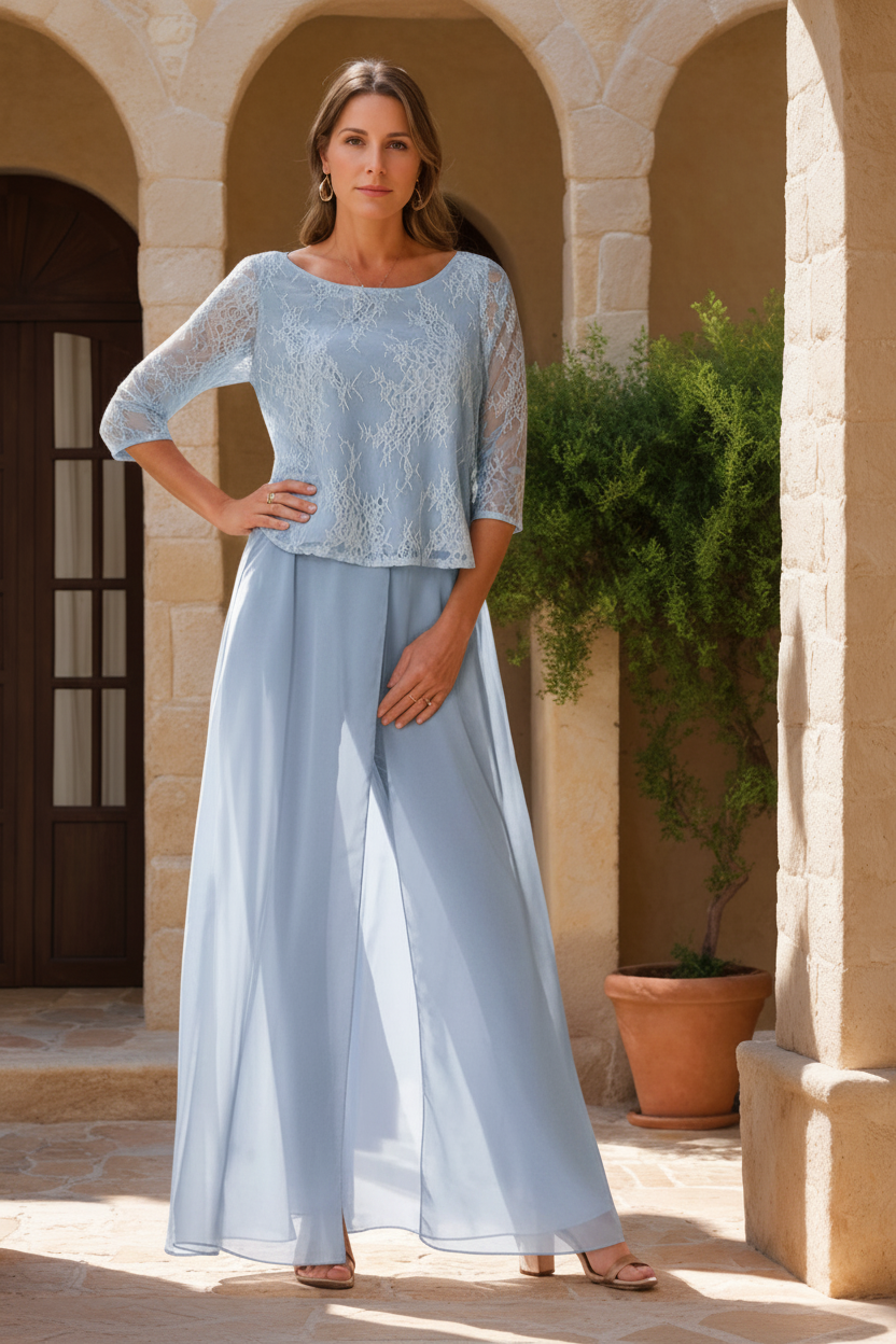 2 Pieces Scoop 3/4 Sleeves Floor-Length Mother of the Bride Pantsuits with Lace Appliques