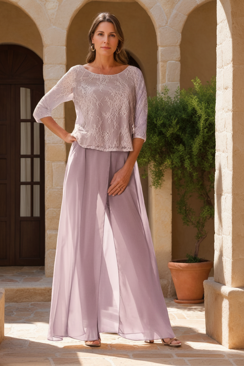 2 Pieces Scoop 3/4 Sleeves Floor-Length Mother of the Bride Pantsuits with Lace Appliques