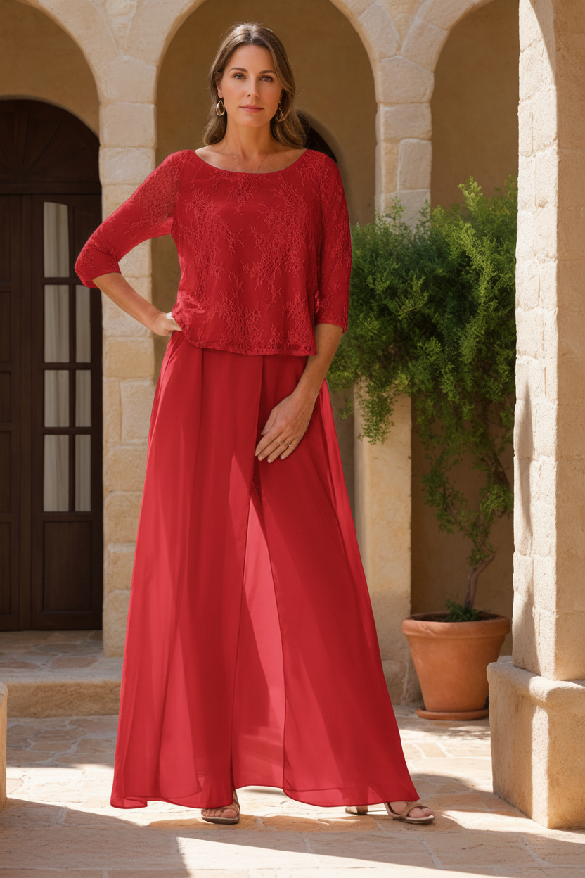 2 Pieces Scoop 3/4 Sleeves Floor-Length Mother of the Bride Pantsuits with Lace Appliques