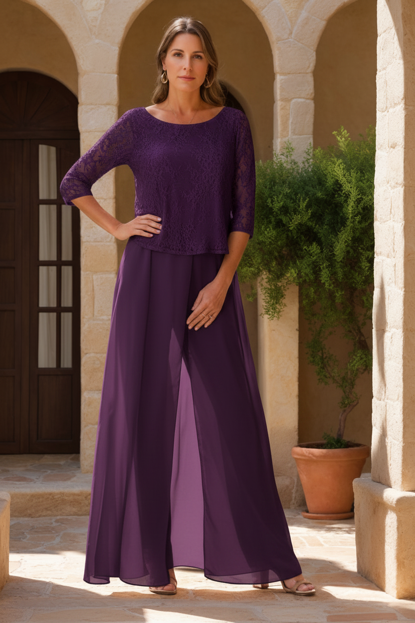 2 Pieces Scoop 3/4 Sleeves Floor-Length Mother of the Bride Pantsuits with Lace Appliques