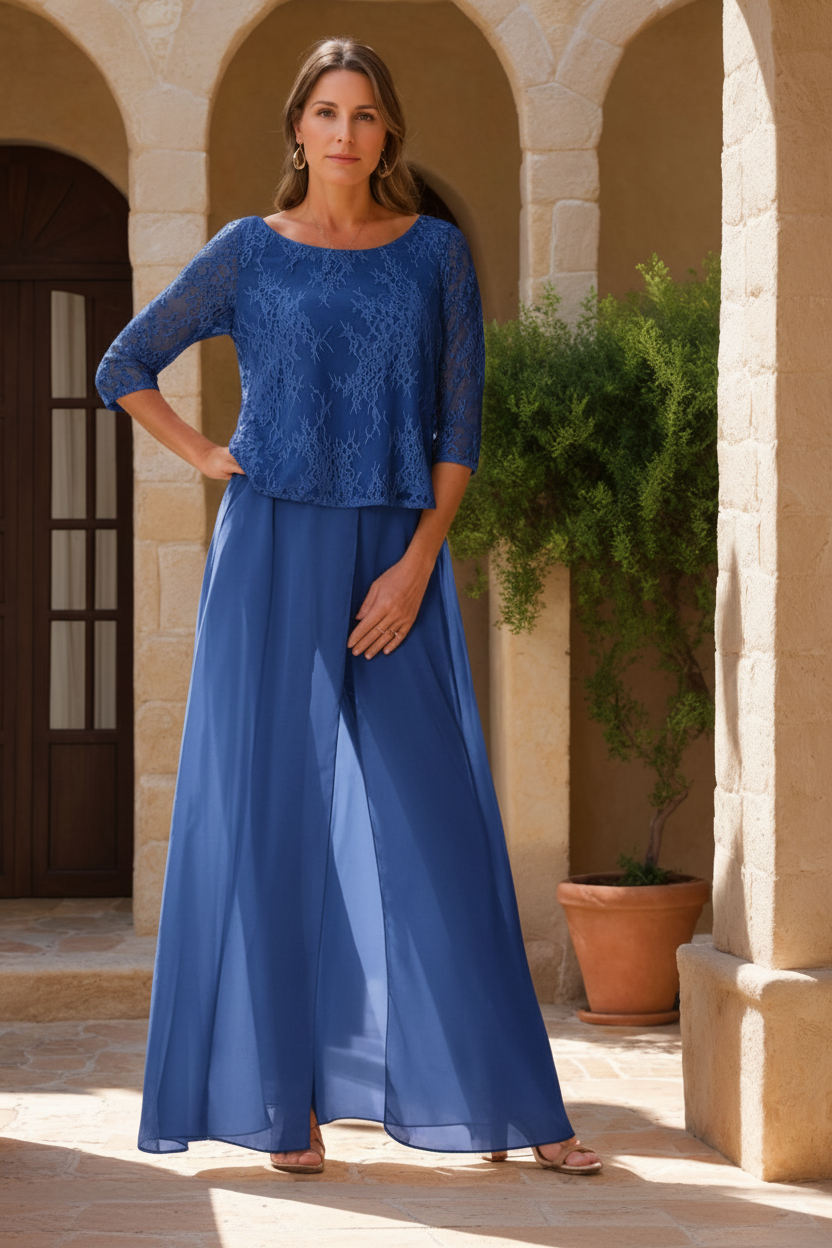2 Pieces Scoop 3/4 Sleeves Floor-Length Mother of the Bride Pantsuits with Lace Appliques