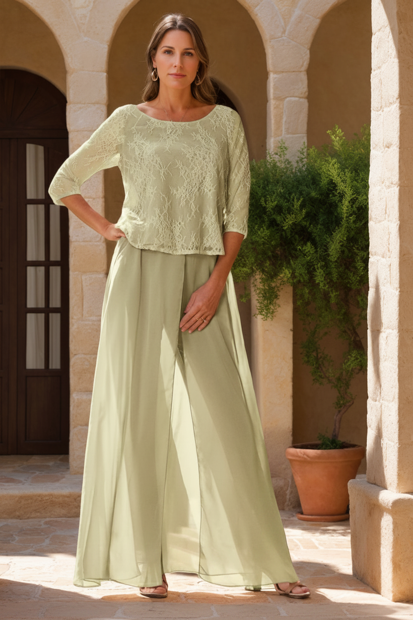 2 Pieces Scoop 3/4 Sleeves Floor-Length Mother of the Bride Pantsuits with Lace Appliques