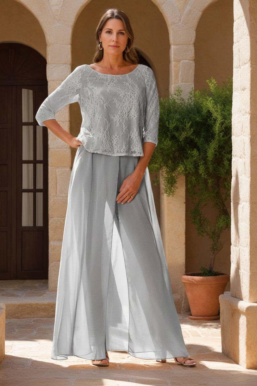 2 Pieces Scoop 3/4 Sleeves Floor-Length Mother of the Bride Pantsuits with Lace Appliques